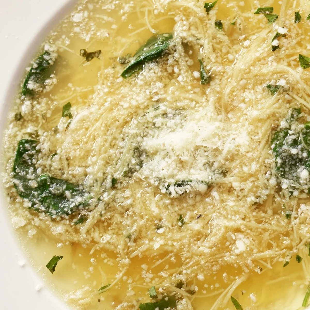 Steaming bowl of Stracciatella Soup with delicate egg ribbons and wilted spinach