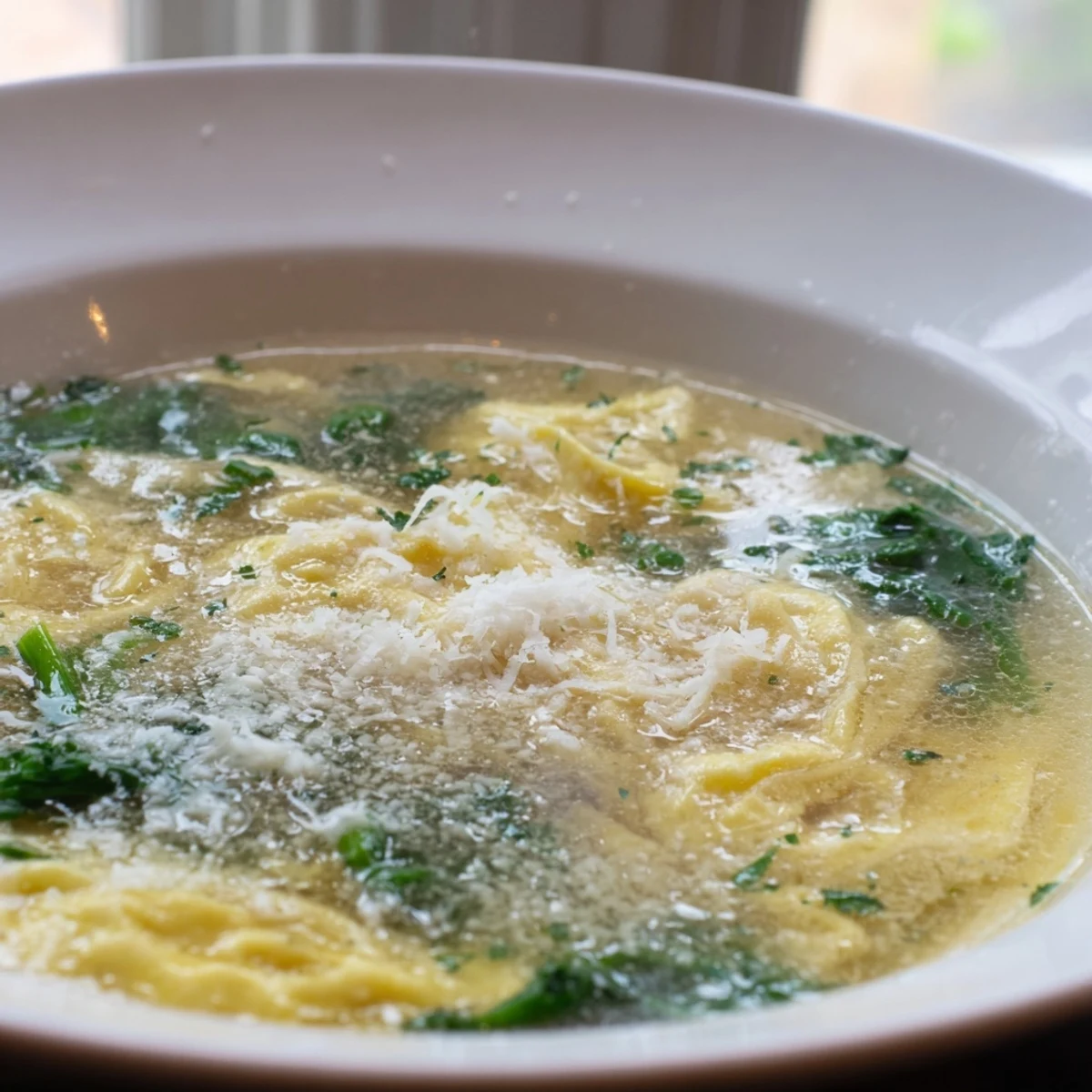 Golden egg curds floating in a rich Parmesan Stracciatella Soup broth