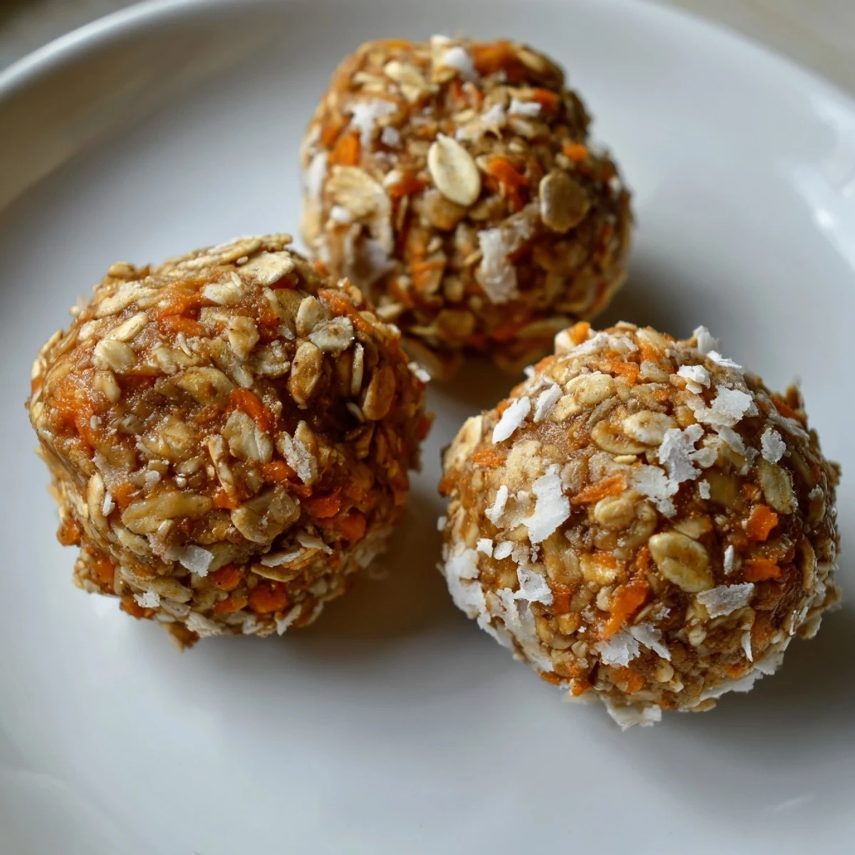 A plate of no-bake carrot cake energy balls dusted with cinnamon and coconut flakes