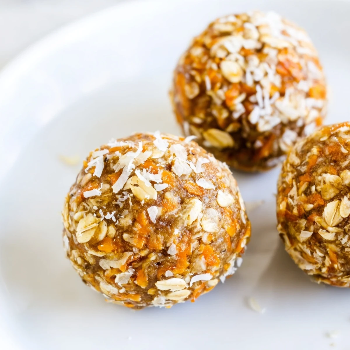 Chewy carrot cake energy balls rolled in shredded coconut on a rustic wooden board
