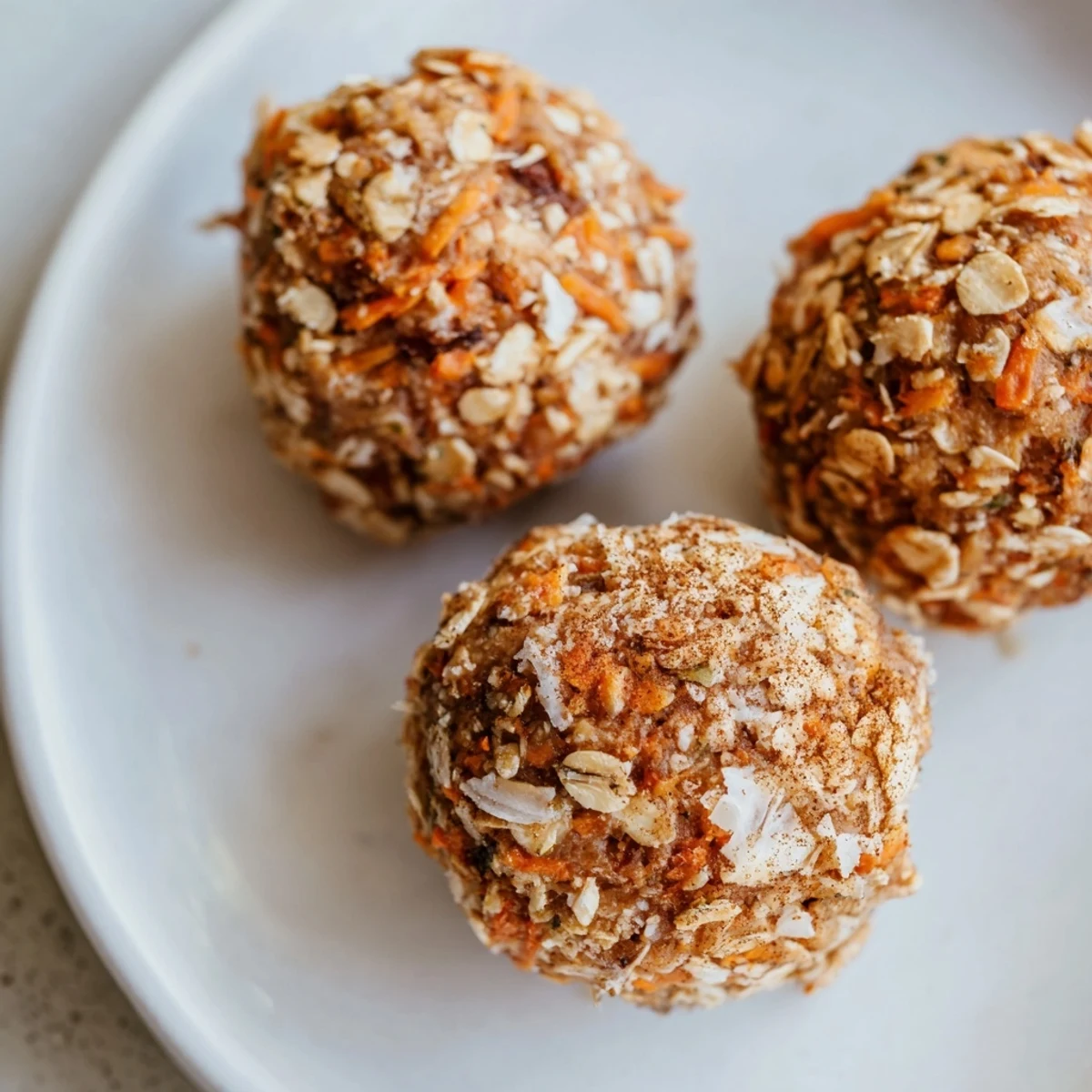 Golden carrot cake energy balls studded with walnuts and dates arranged on parchment paper