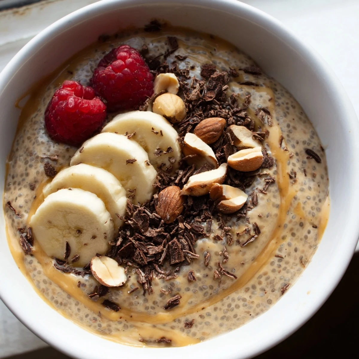 Creamy peanut butter chia pudding topped with sliced banana and chopped peanuts