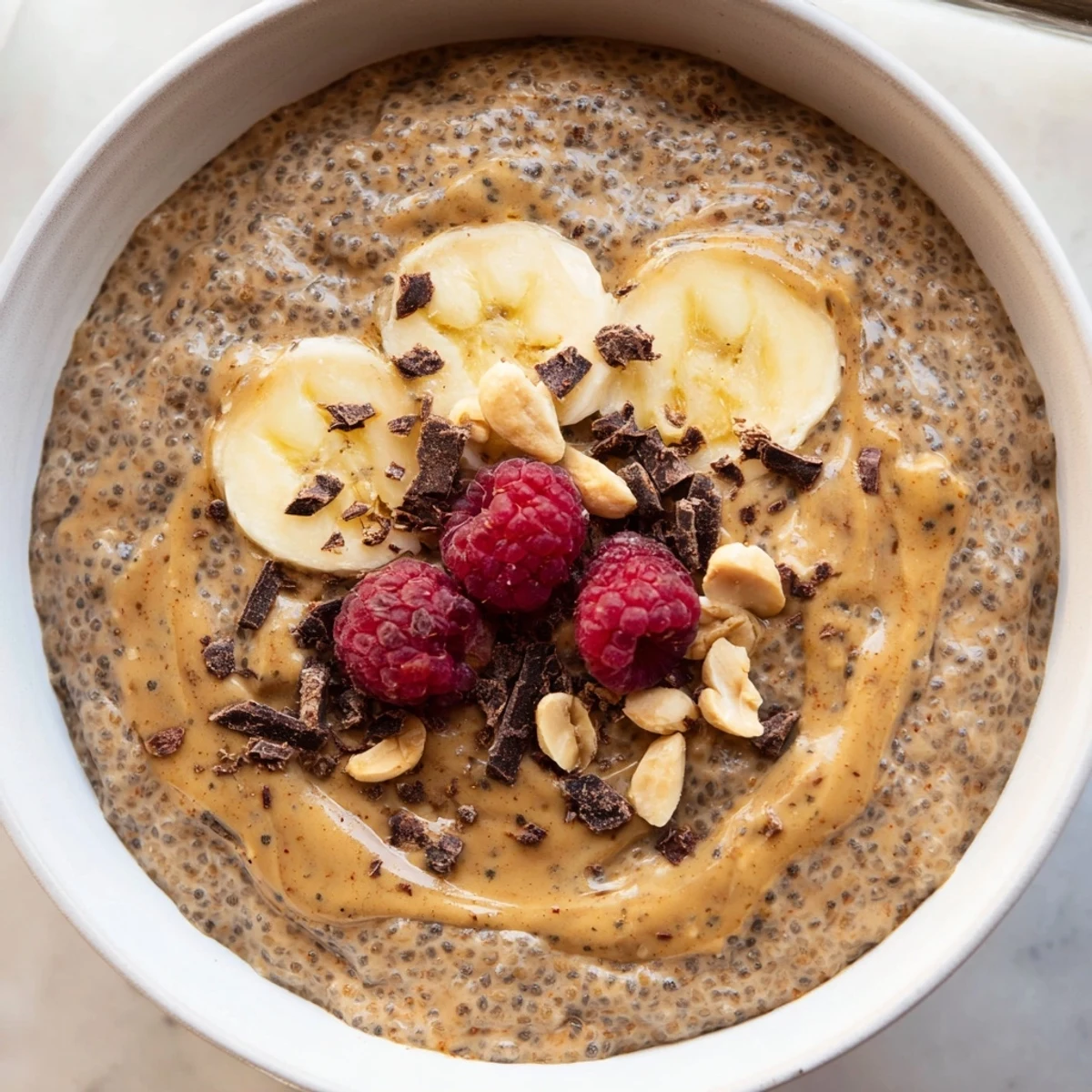 Thick peanut butter chia pudding served in glass jars with fresh berries