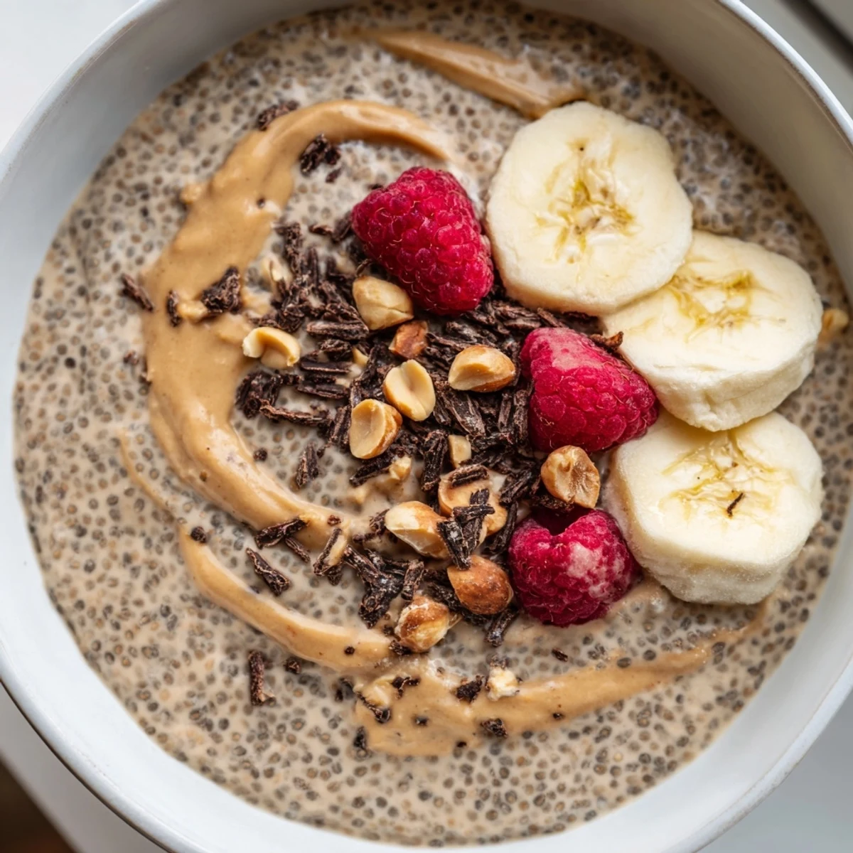 Rich and velvety peanut butter chia pudding drizzled with maple syrup