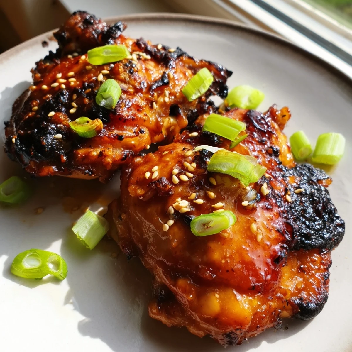 Golden ginger garlic chicken thighs baked until crispy and glazed on a sheet pan