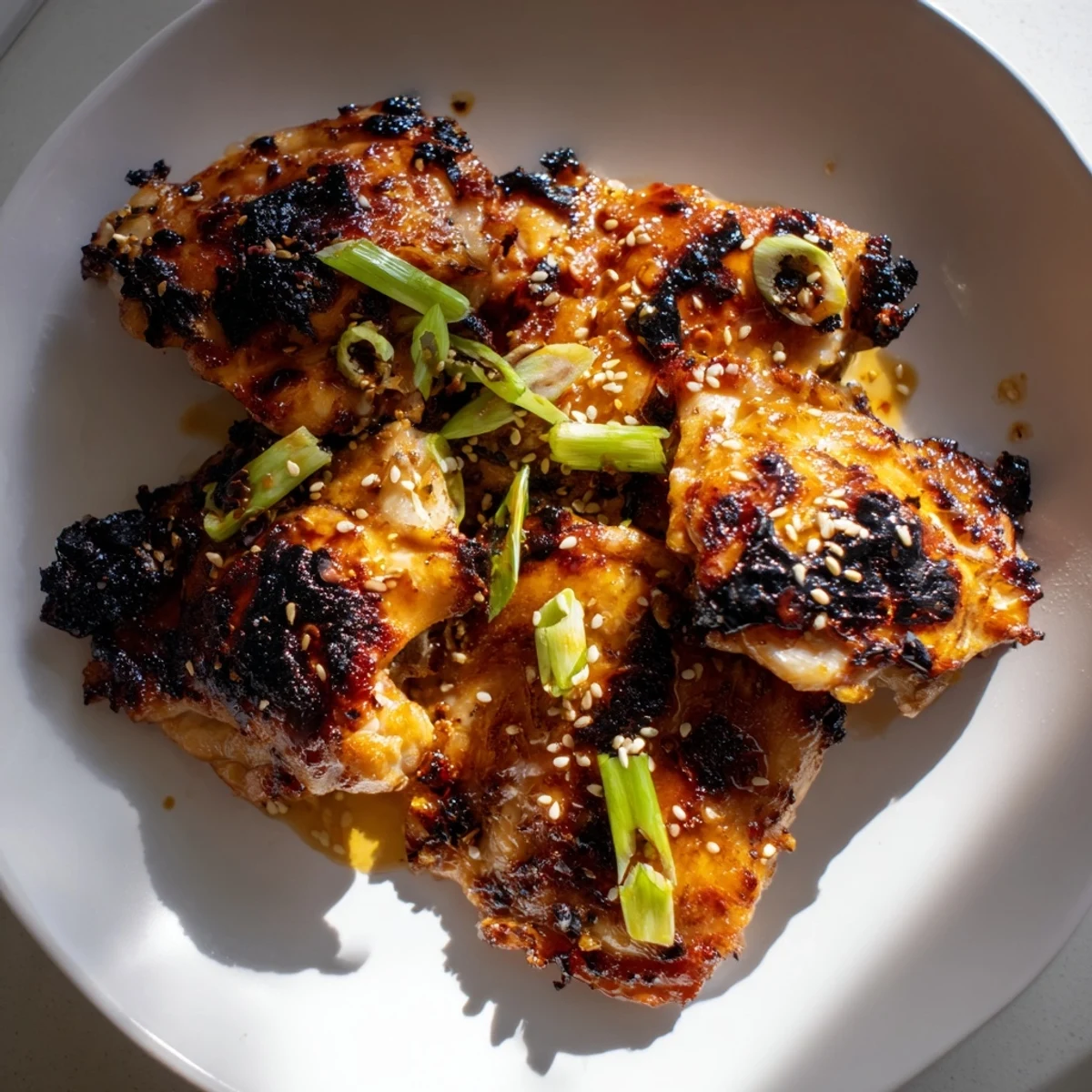 Juicy ginger garlic chicken thighs glistening with honey soy glaze topped with sesame seeds