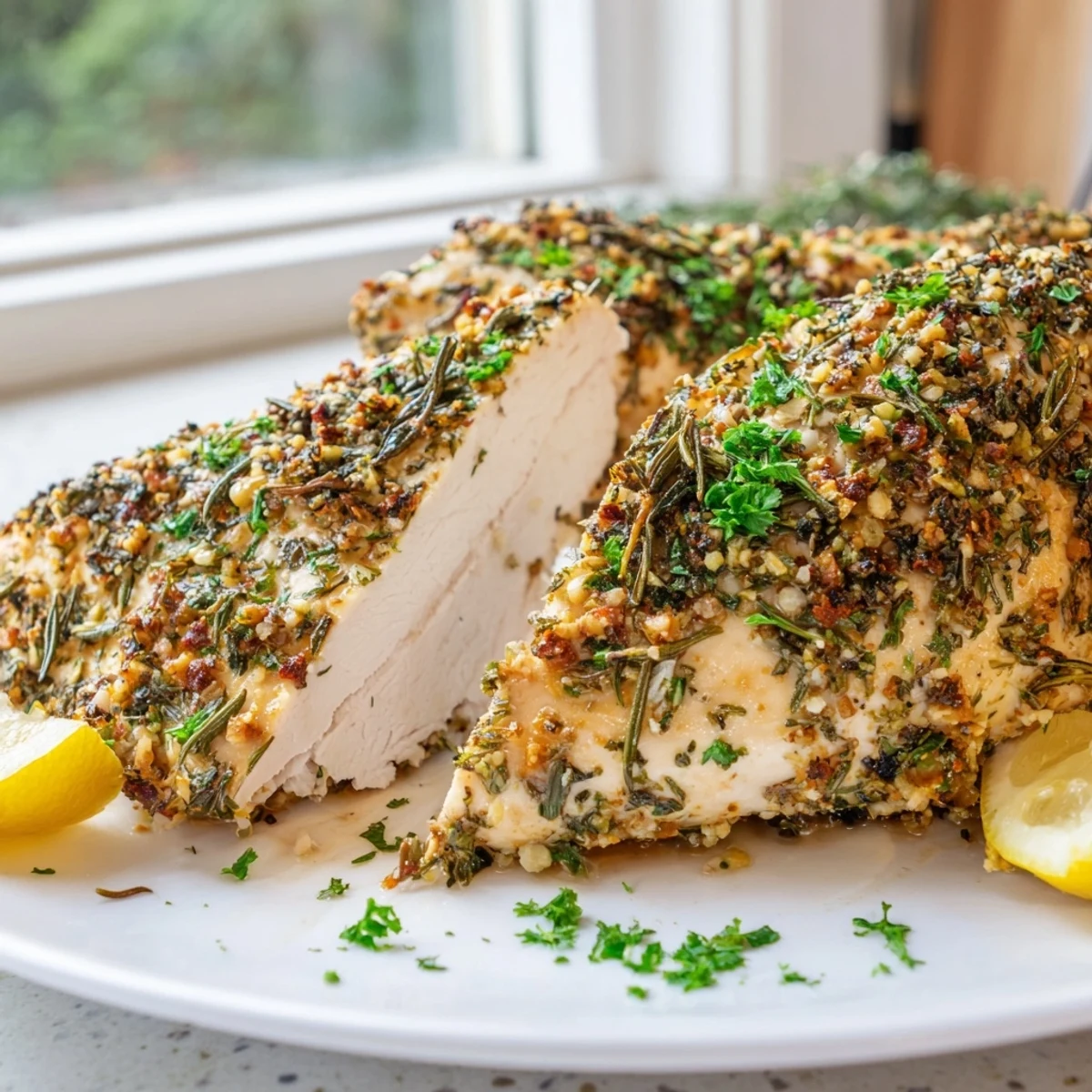 Golden savory garlic herb chicken plated with fresh parsley and bright lemon wedges for a comforting weeknight dinner.
