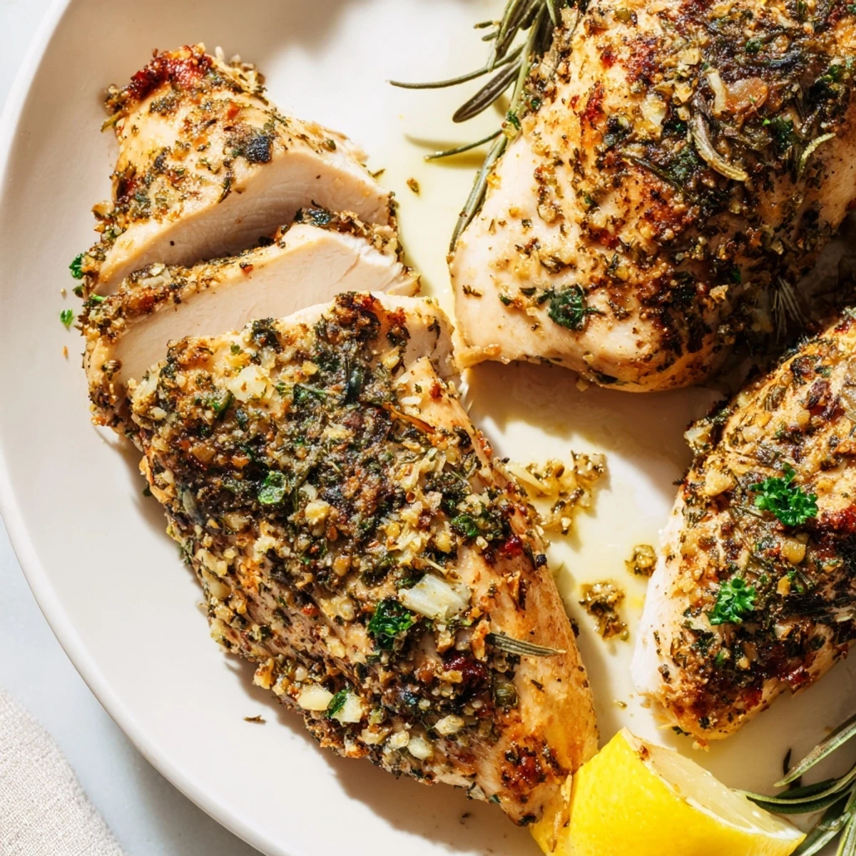 Juicy savory garlic herb chicken glistening with herb marinade, sliced open to reveal tender, perfectly cooked meat.