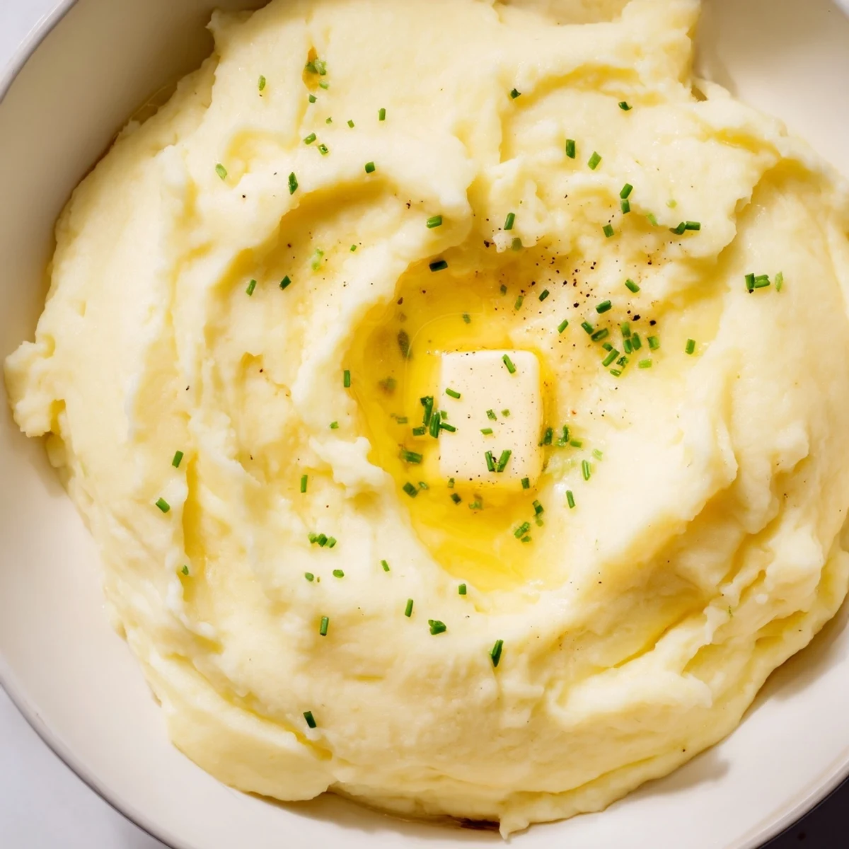 Creamy velvety mashed potatoes swirled with melted butter in a warm serving bowl