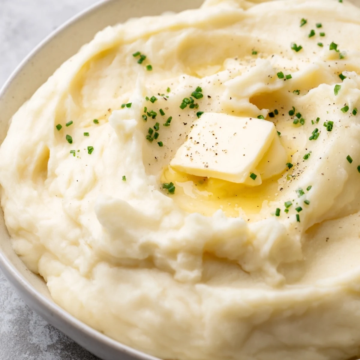 Steaming bowl of velvety mashed potatoes with a golden butter pool on top