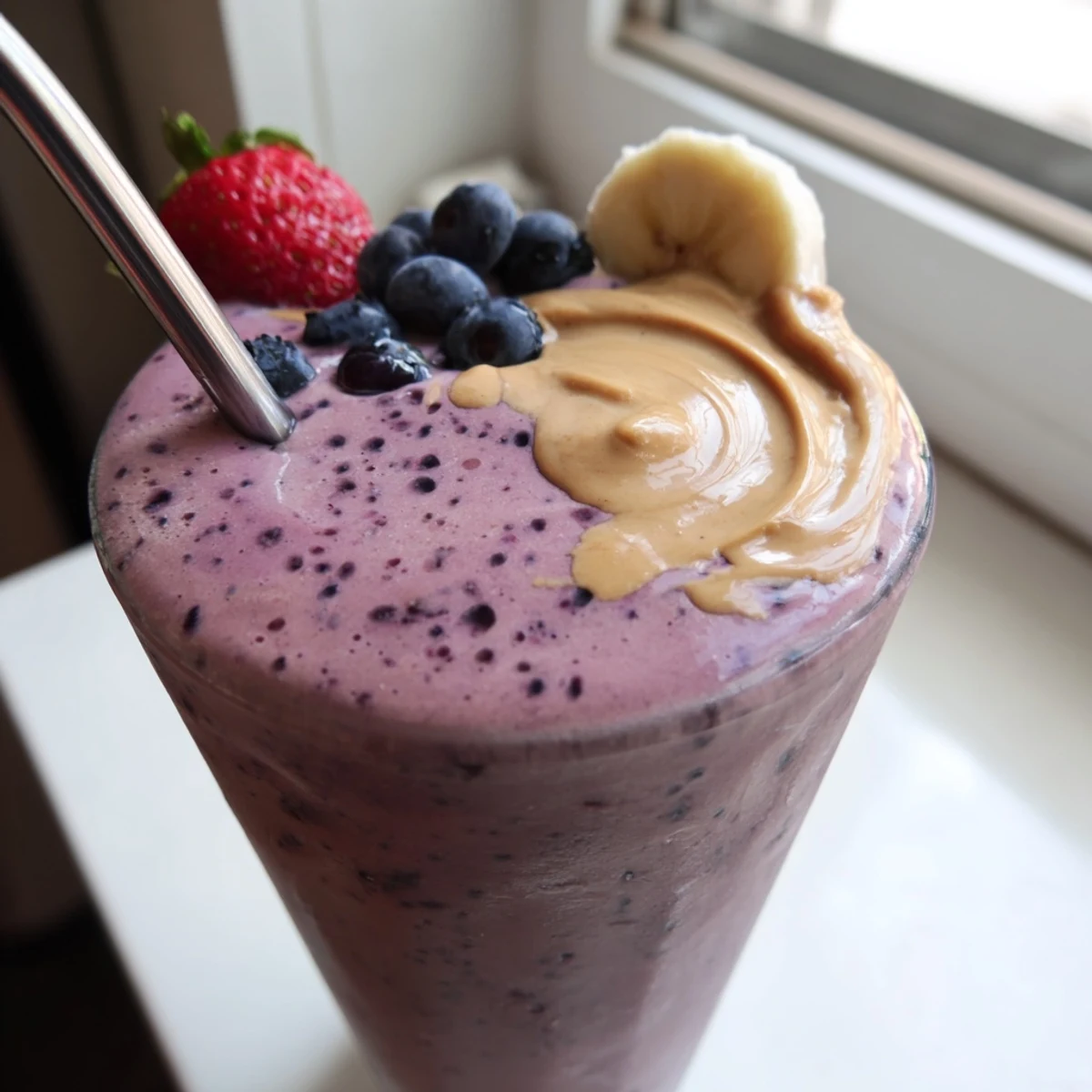 Creamy peanut butter berry smoothie poured into glasses topped with fresh berries