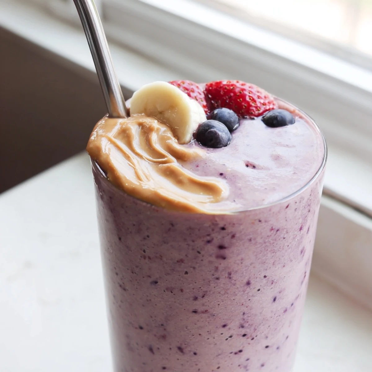 Chilled peanut butter berry smoothie served in mason jars with a berry garnish