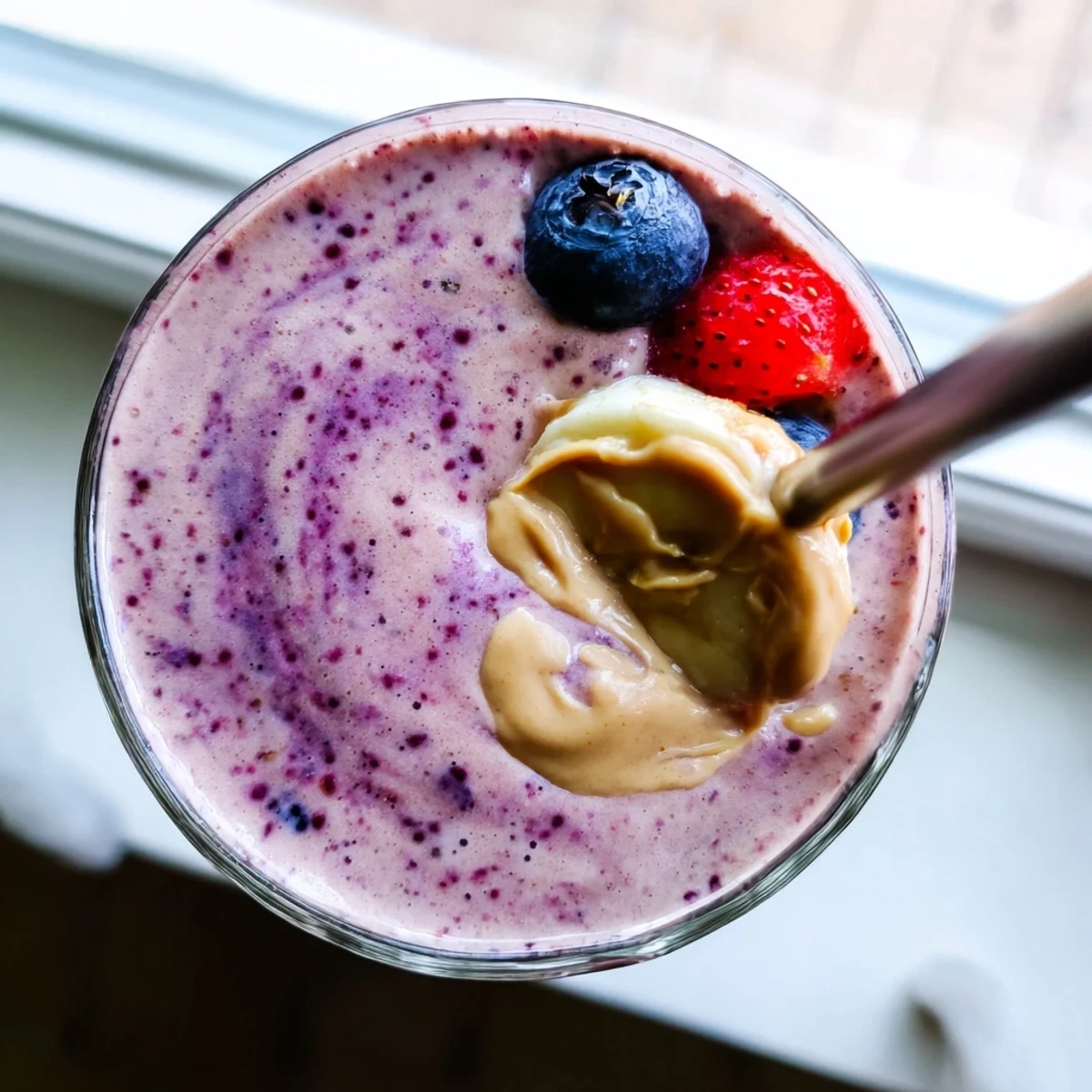 Thick purple peanut butter berry smoothie swirled with berry and banana flecks