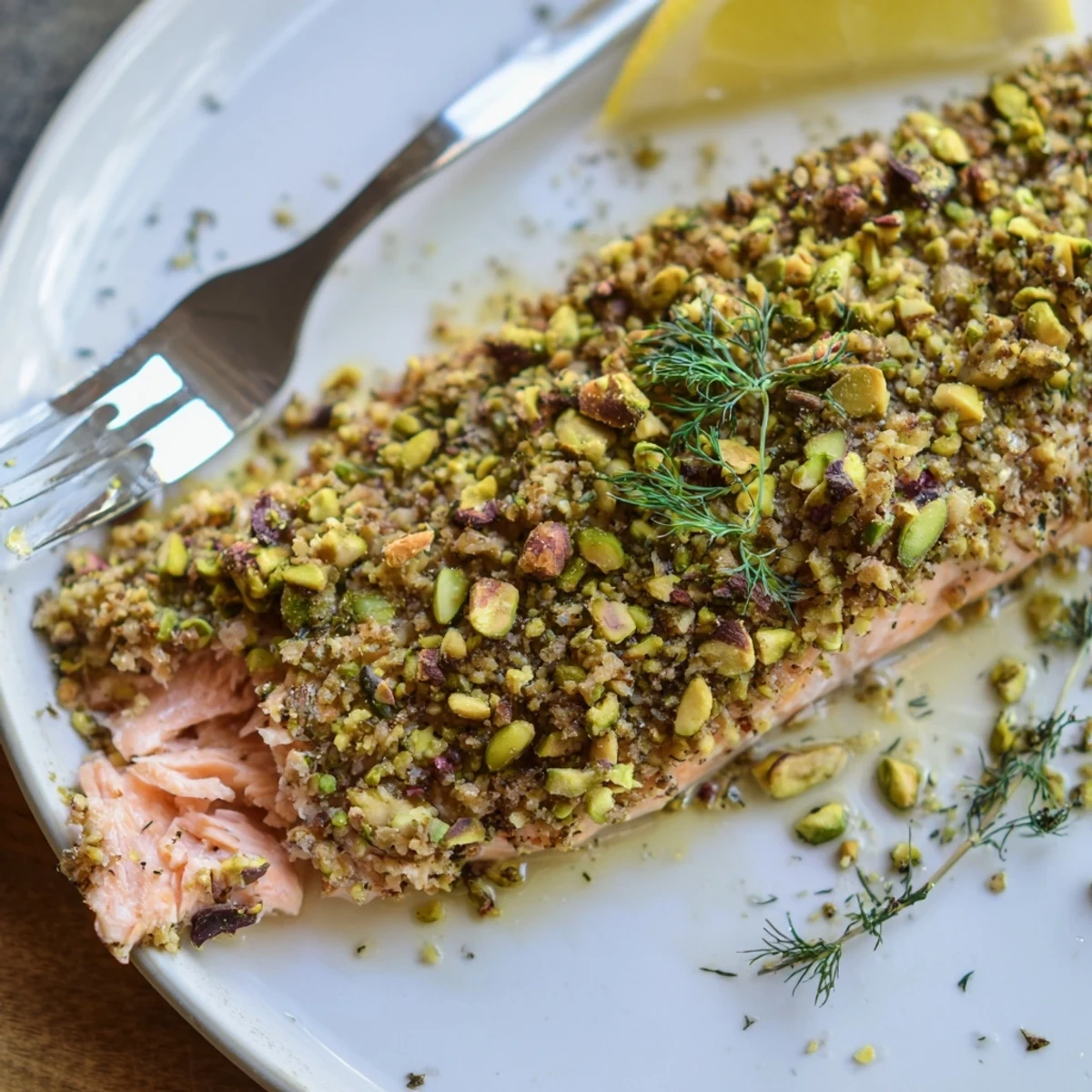 Golden maple pistachio salmon fillet fresh from the oven with a caramelized crust