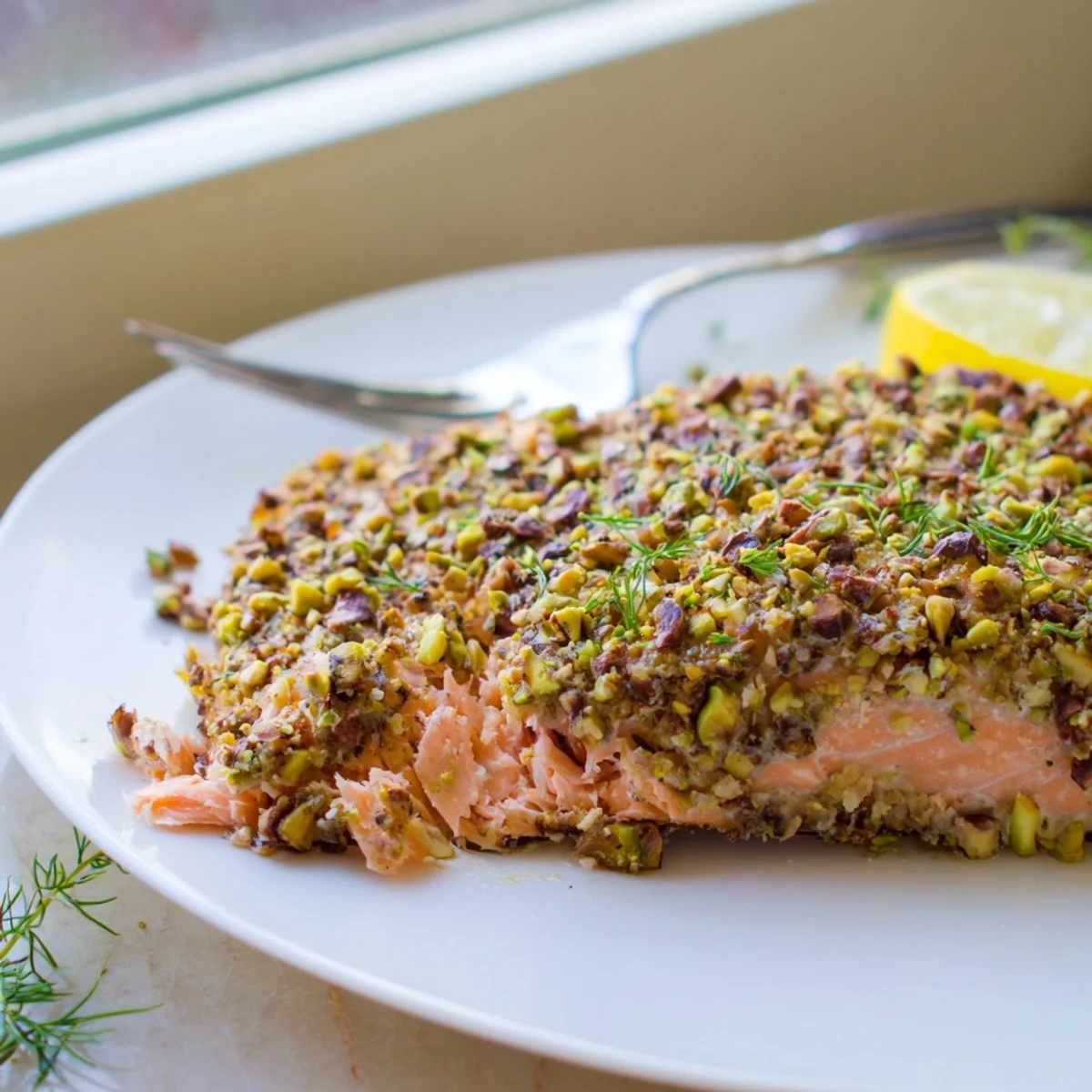 Crunchy pistachio-crusted maple salmon served on a plate with lemon wedges