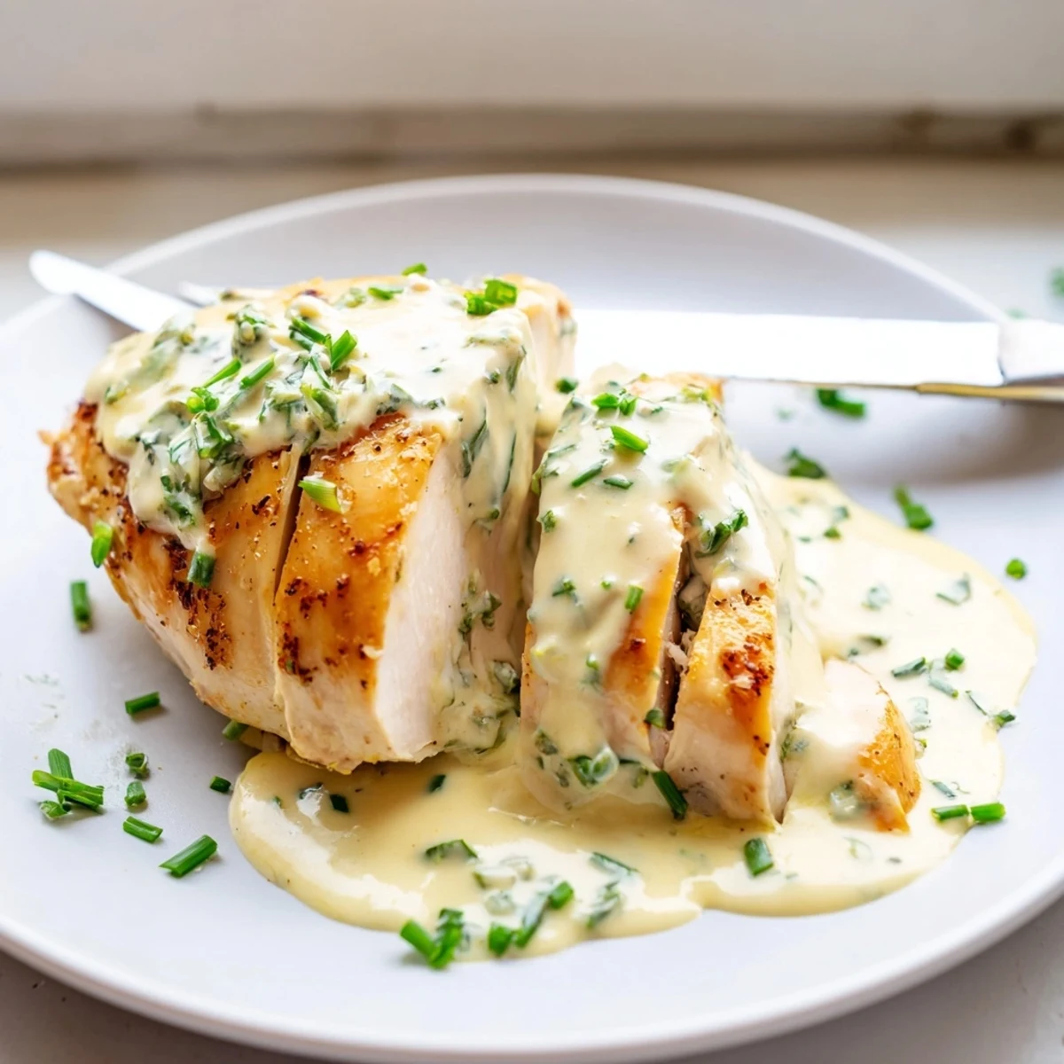 Creamy Boursin sauce with garlic and herbs cascading over golden pan-seared chicken breasts