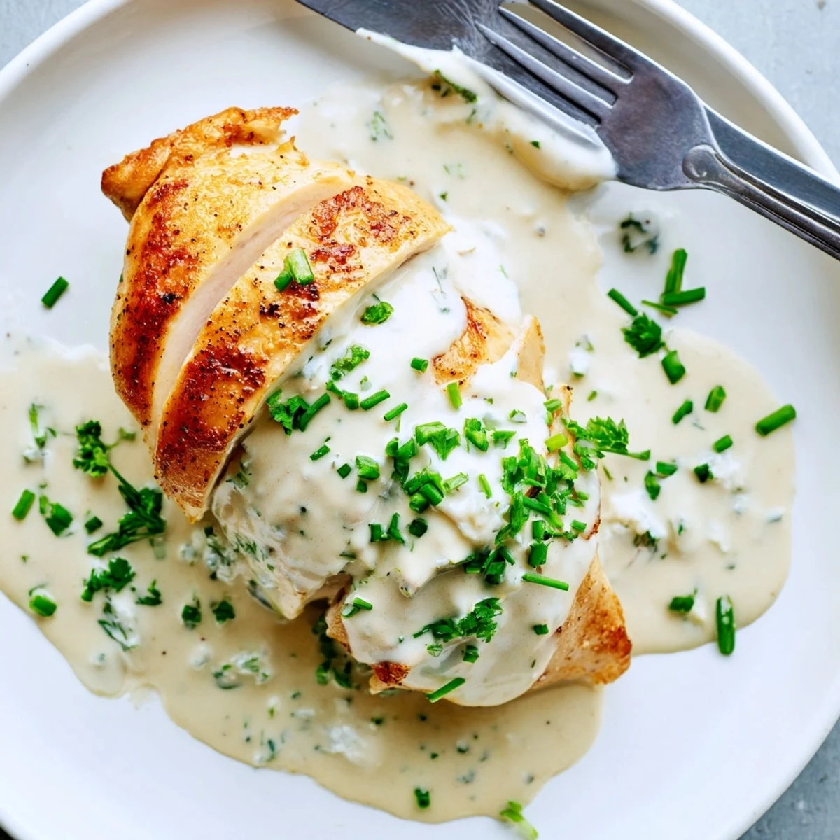 Pan-seared chicken with Boursin cheese sauce garnished with fresh parsley and chives