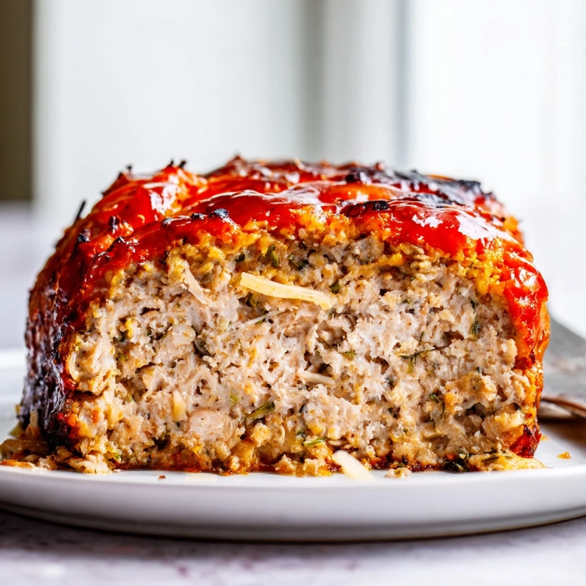 Golden Parmesan chicken meatloaf sliced thick with bubbling tomato glaze on a rustic cutting board