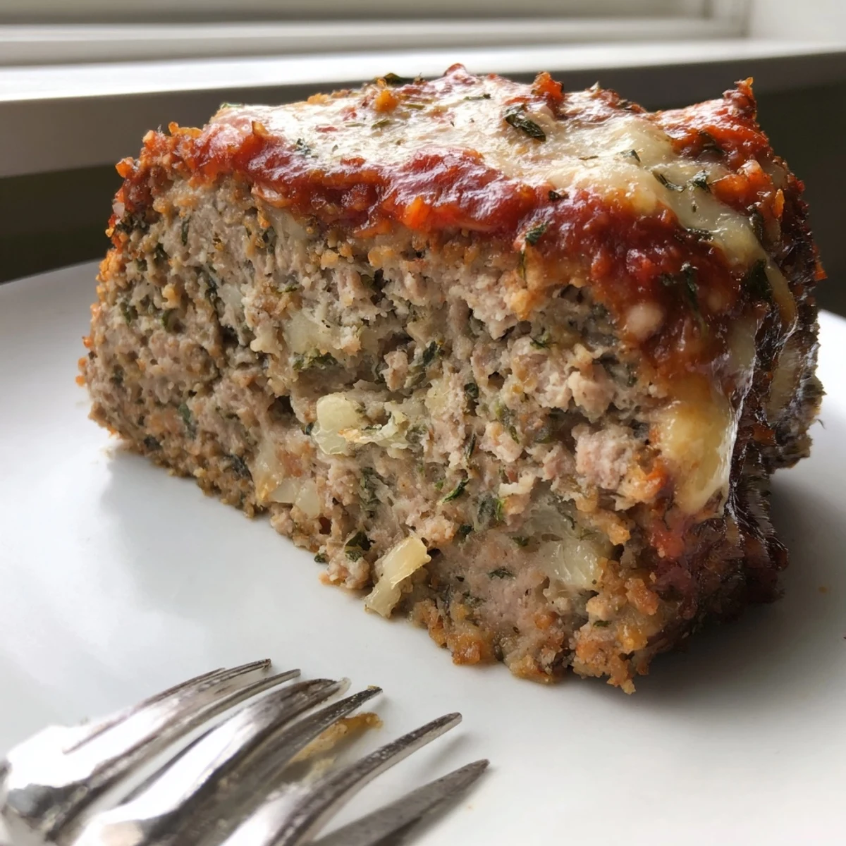 Juicy Parmesan chicken meatloaf topped with melted cheese and herb-flecked marinara sauce close-up