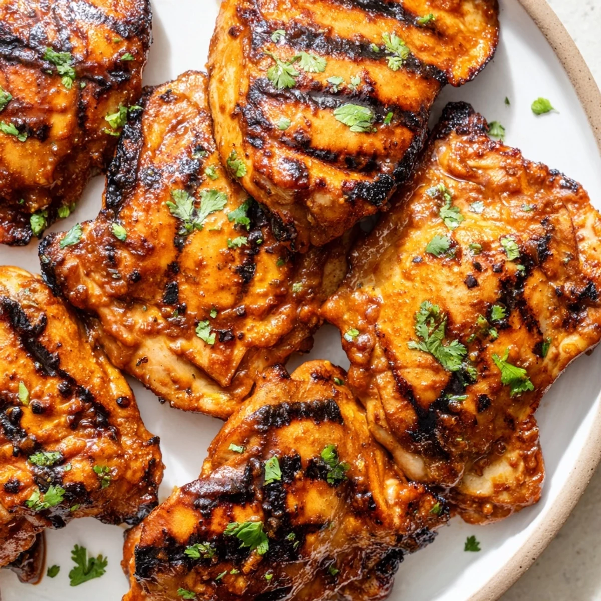 Sweet N Spicy Grilled Chicken Thighs with golden charred skin and fresh cilantro garnish