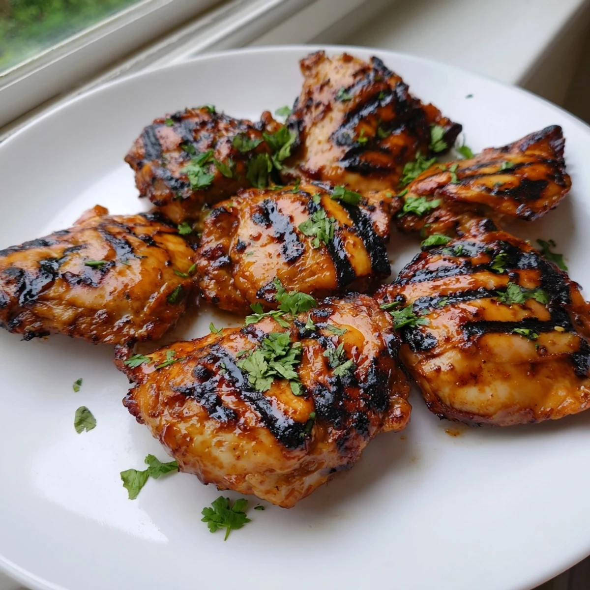 Crispy glazed Sweet N Spicy Grilled Chicken Thighs resting on a rustic wooden cutting board