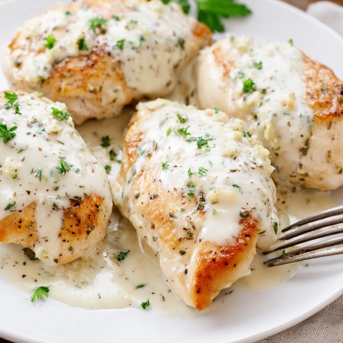 Cream cheese chicken with golden seared breasts swimming in a velvety Parmesan sauce