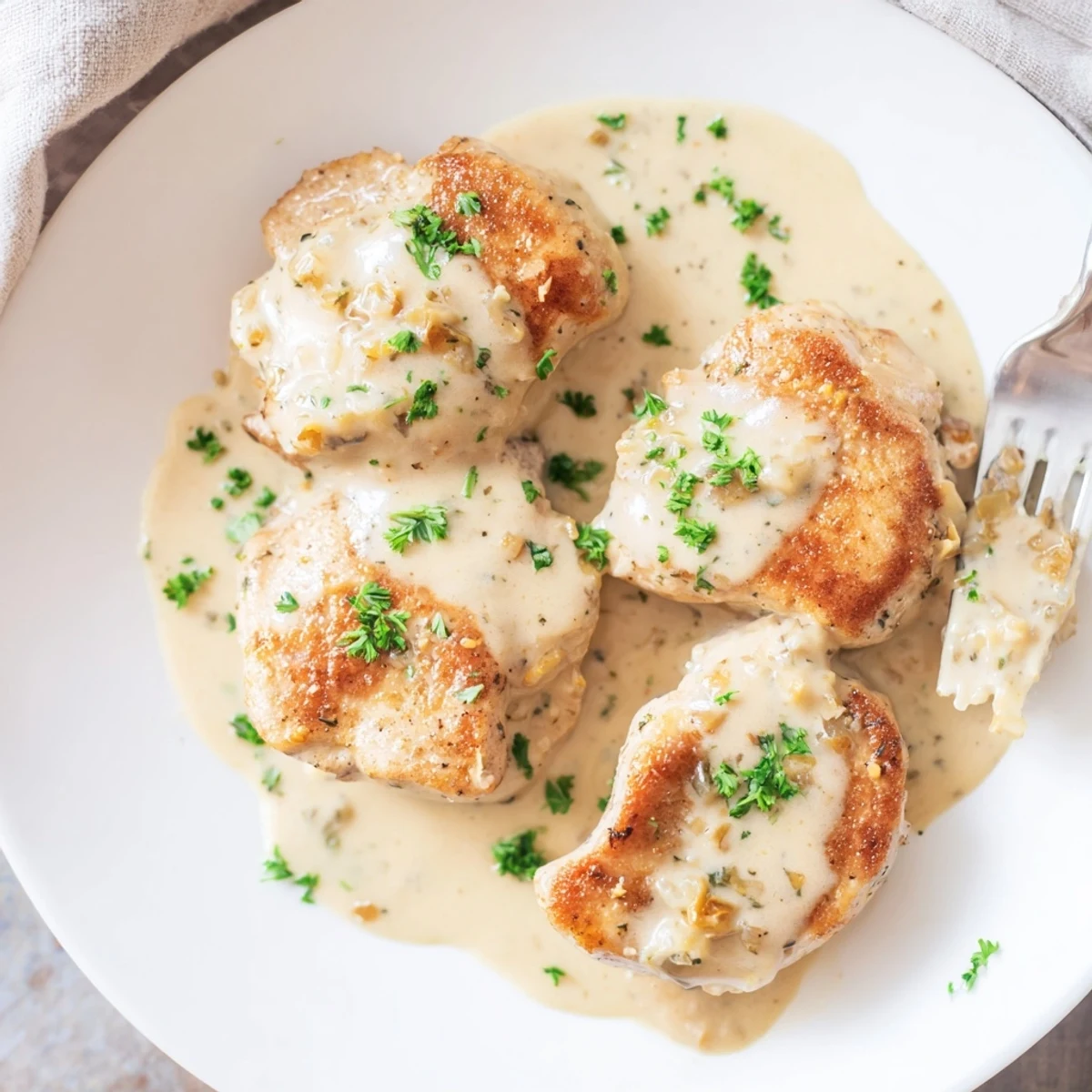 Tender cream cheese chicken baked in a rich, bubbling herb-flecked cream sauce