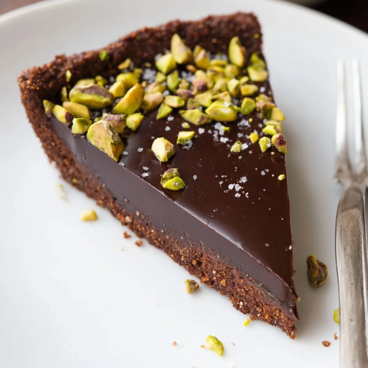 Silky dark chocolate pistachio tart sliced and topped with toasted nuts on a rustic plate