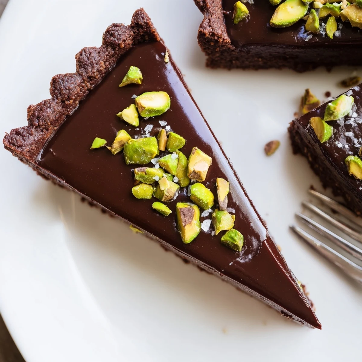 Dark chocolate pistachio tart garnished with vibrant green pistachios served on a white ceramic platter