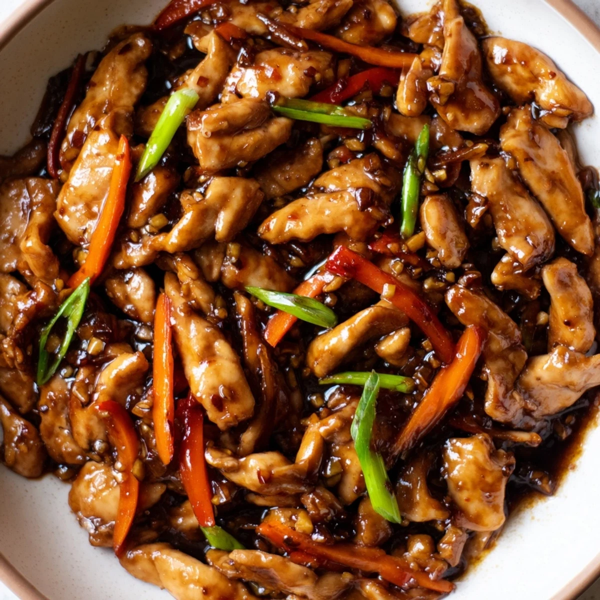 Sizzling Stir Fried Chinese Garlic Chicken tossed with crisp bell peppers in a glossy savory sauce