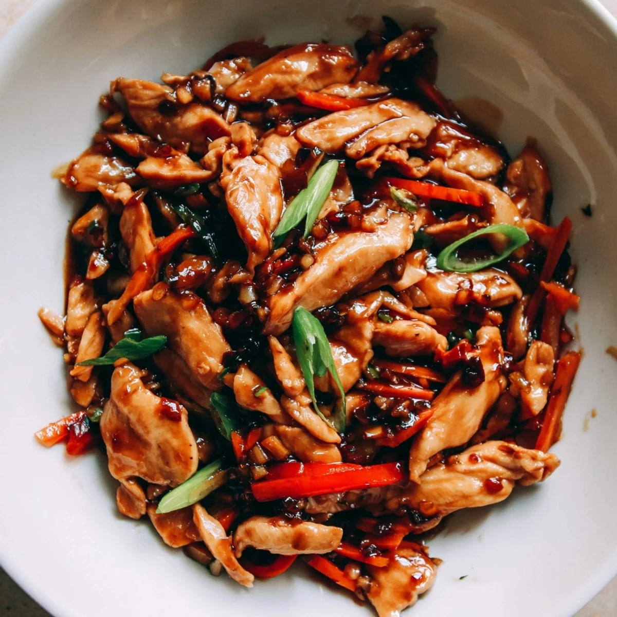 Stir Fried Chinese Garlic Chicken served over steamed white rice with bright green onion garnish
