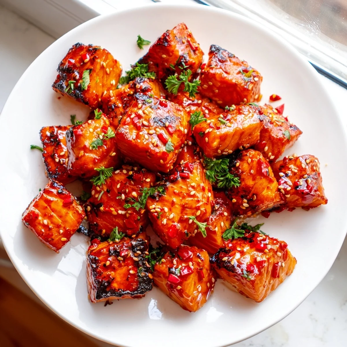 Caramelized hot honey salmon bites glistening with a sticky sweet and spicy glaze on a dark plate