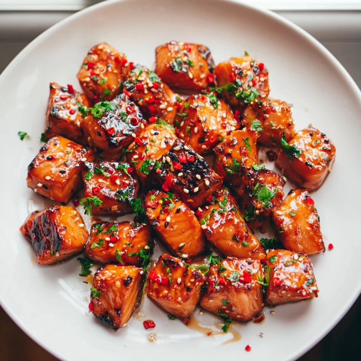 Crispy-edged hot honey salmon bites drizzled with glossy sauce served alongside bright lemon wedges