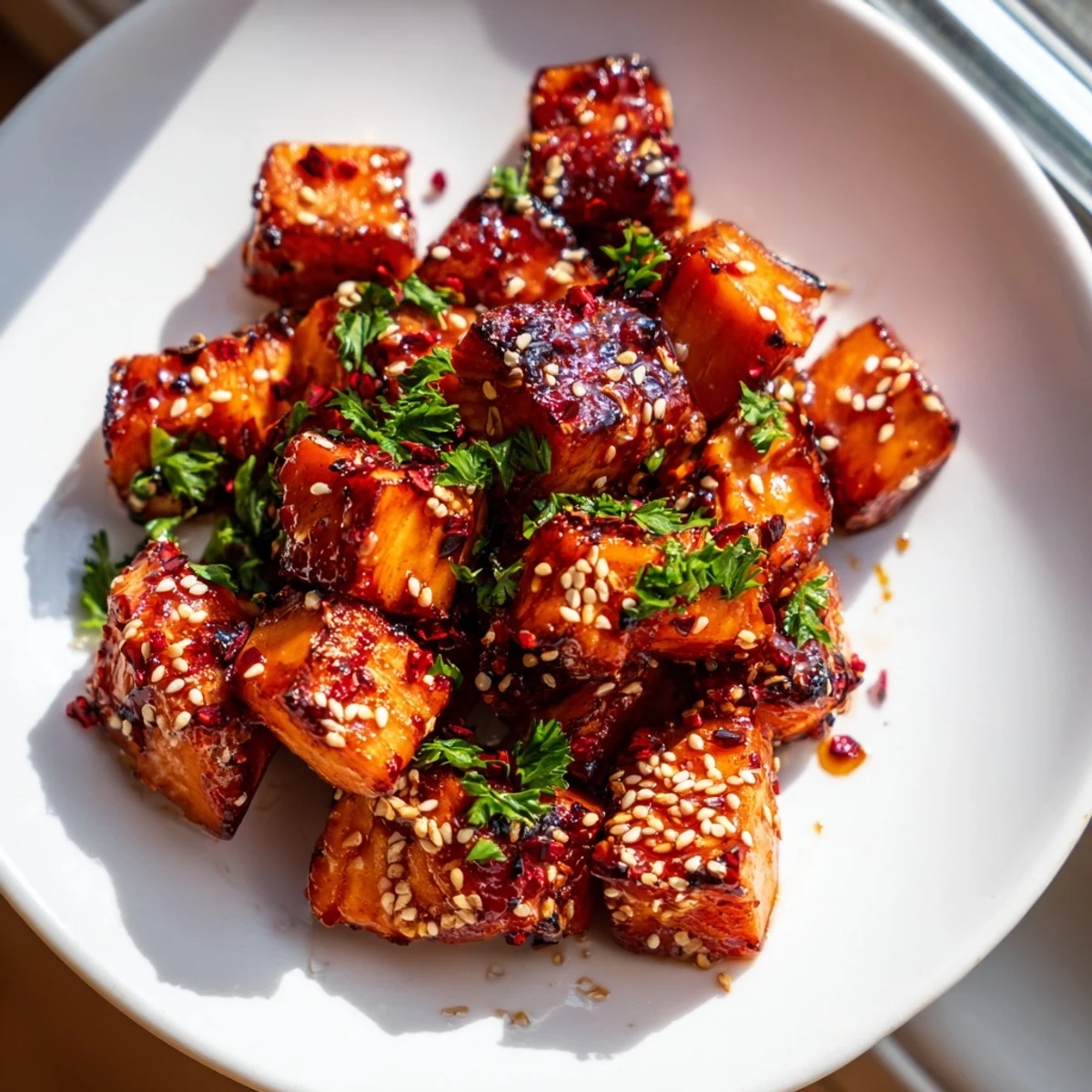 Golden hot honey salmon bites garnished with fresh parsley and sesame seeds on a rustic platter