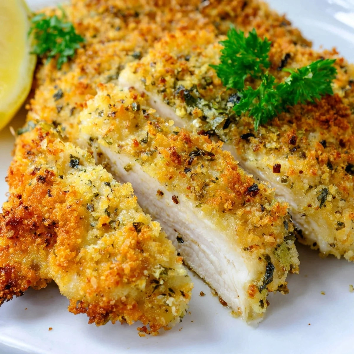 Golden crispy Herbed Parmesan Chicken served on a rustic white dinner plate