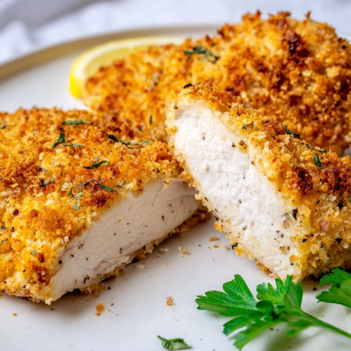 Juicy Herbed Parmesan Chicken fresh from the oven with fragrant rosemary garnish