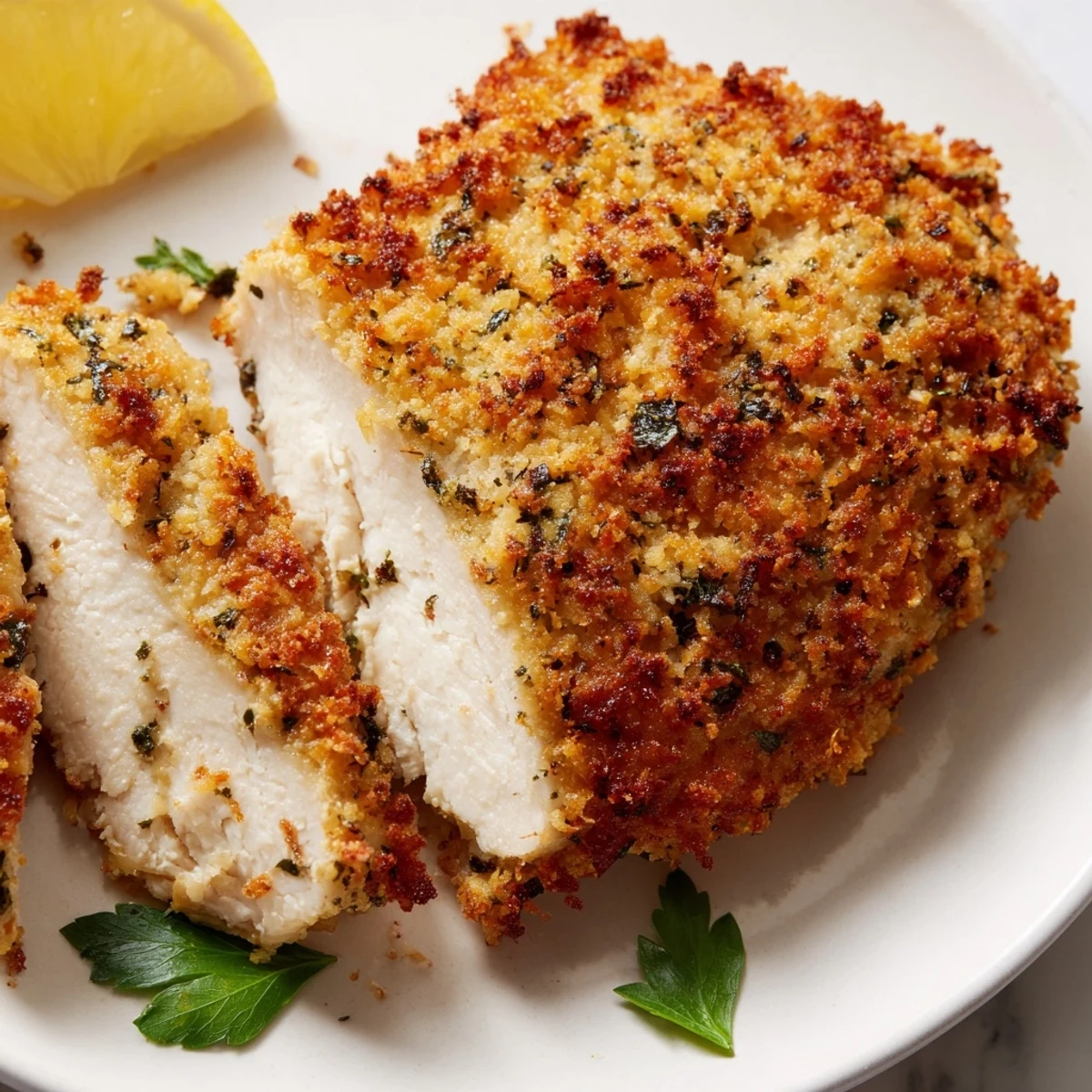 Close-up of Herbed Parmesan Chicken cut open revealing tender moist meat inside