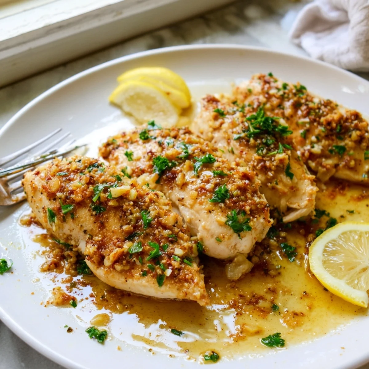 Golden garlic butter baked chicken breast with fresh herbs on a white plate
