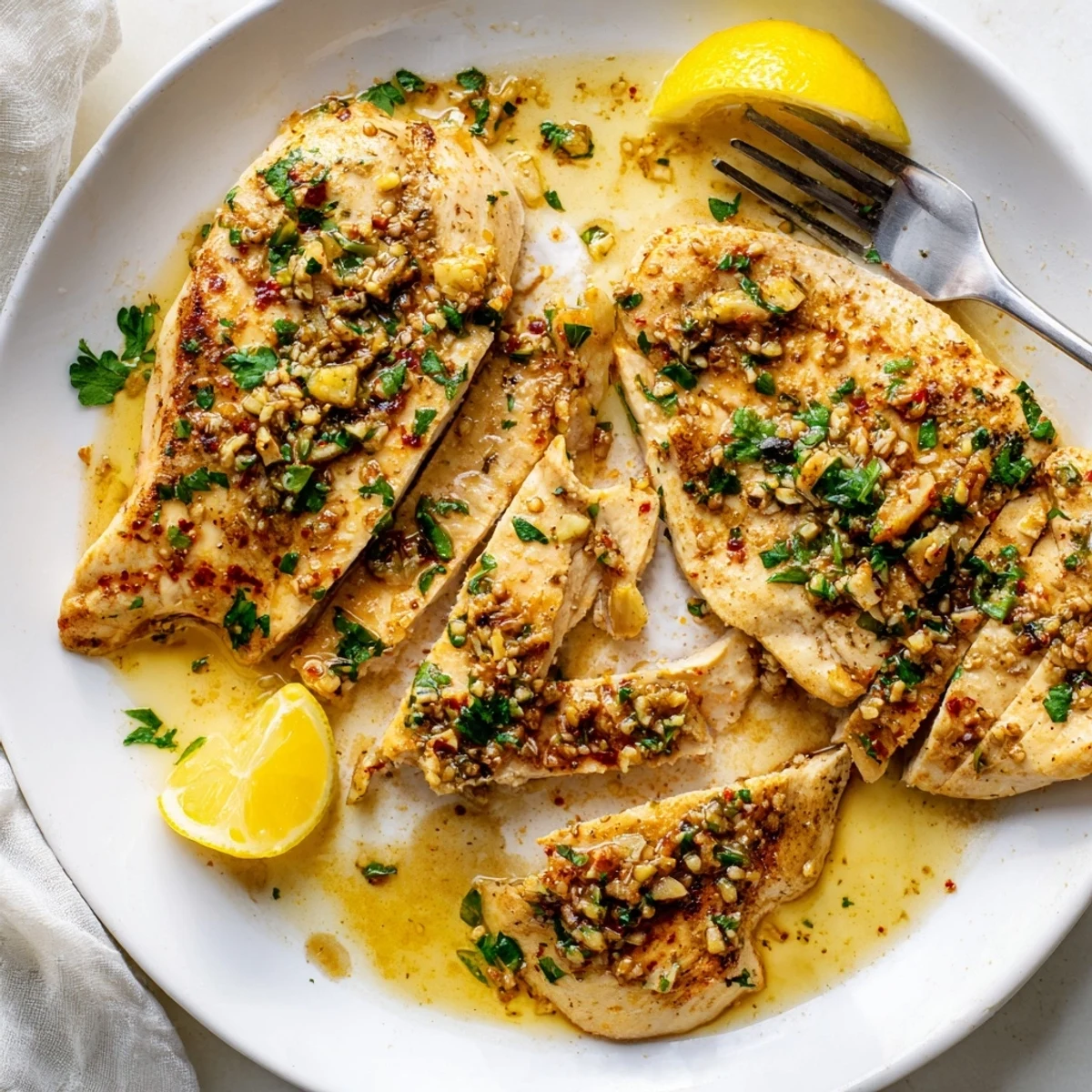 Juicy garlic butter baked chicken breast drizzled with rich pan sauce and parsley
