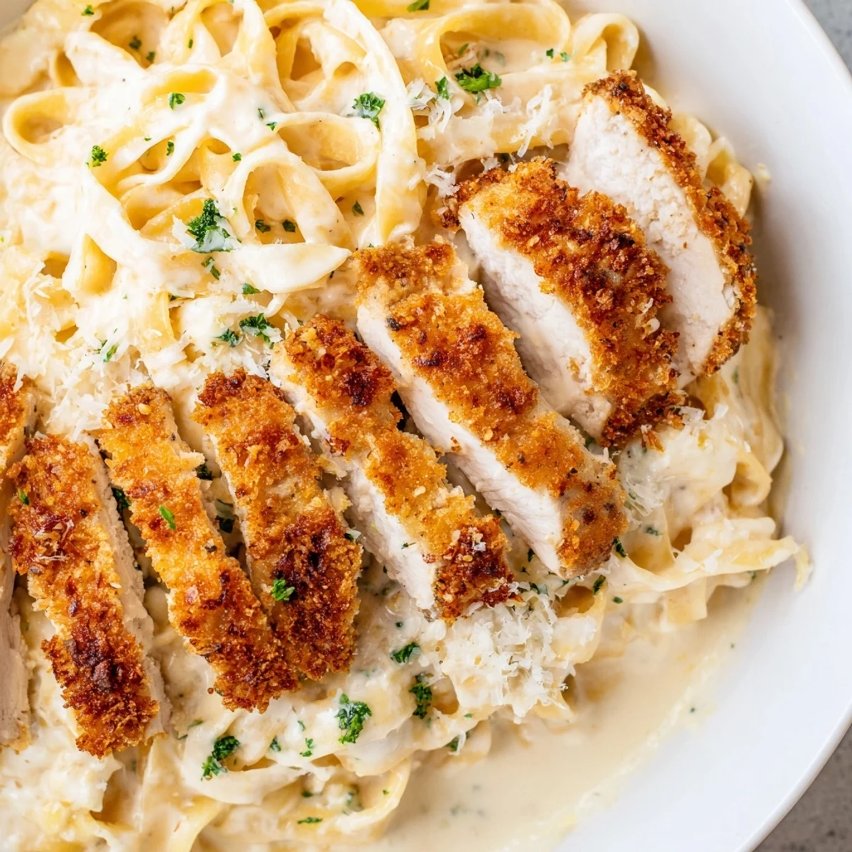 Crunchy pan-fried chicken cutlets sliced over a steaming bowl of chicken Alfredo pasta