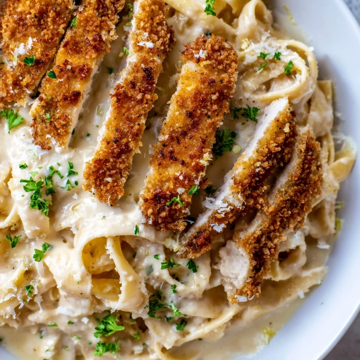 Golden crispy chicken resting on creamy fettuccine Alfredo sauce topped with parsley
