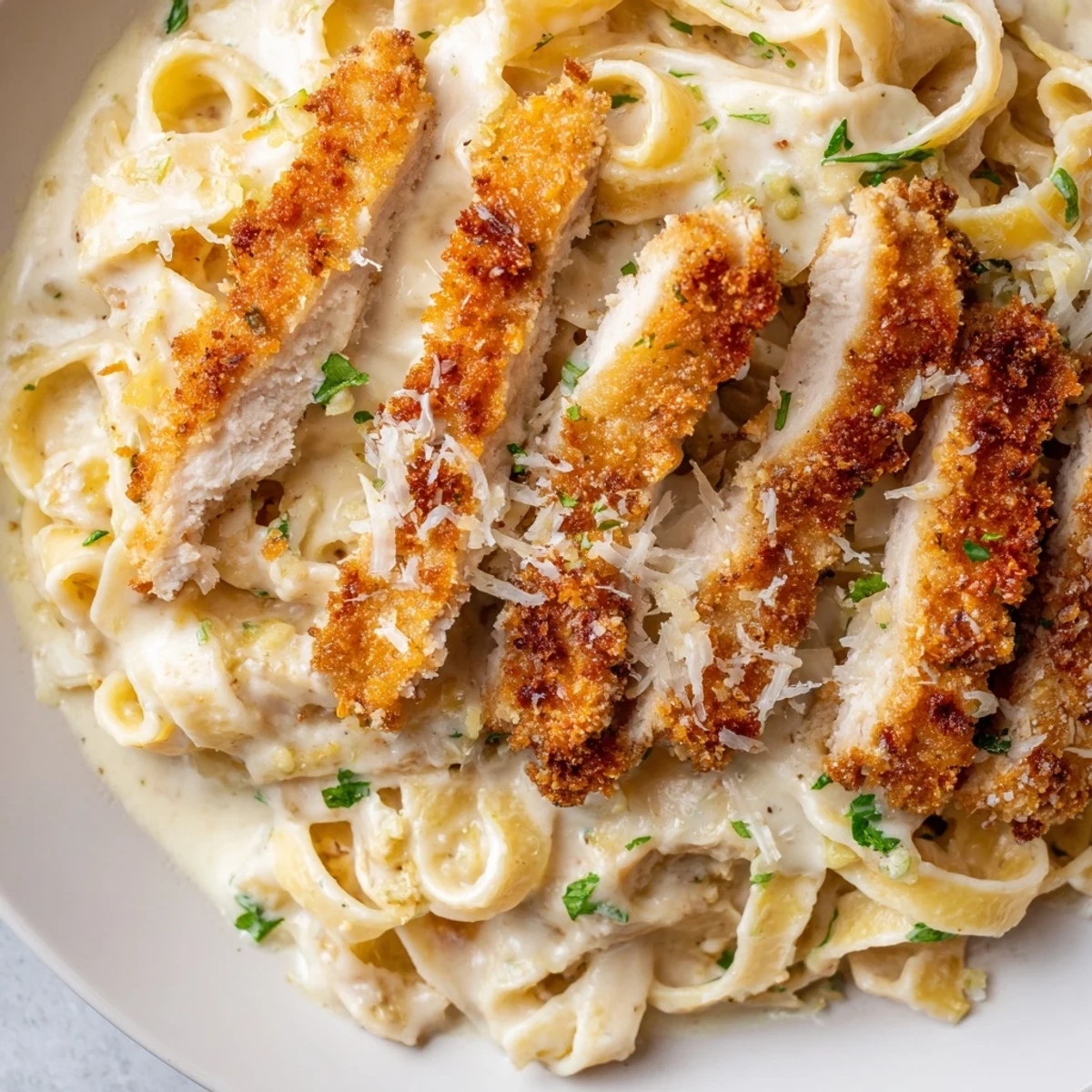 Breaded Parmesan-crusted chicken served atop rich and velvety Family Friendly Crispy Chicken Alfredo