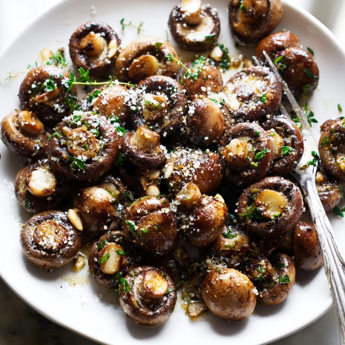 Crispy grilled garlic mushrooms served in a skillet with melted Parmesan cheese