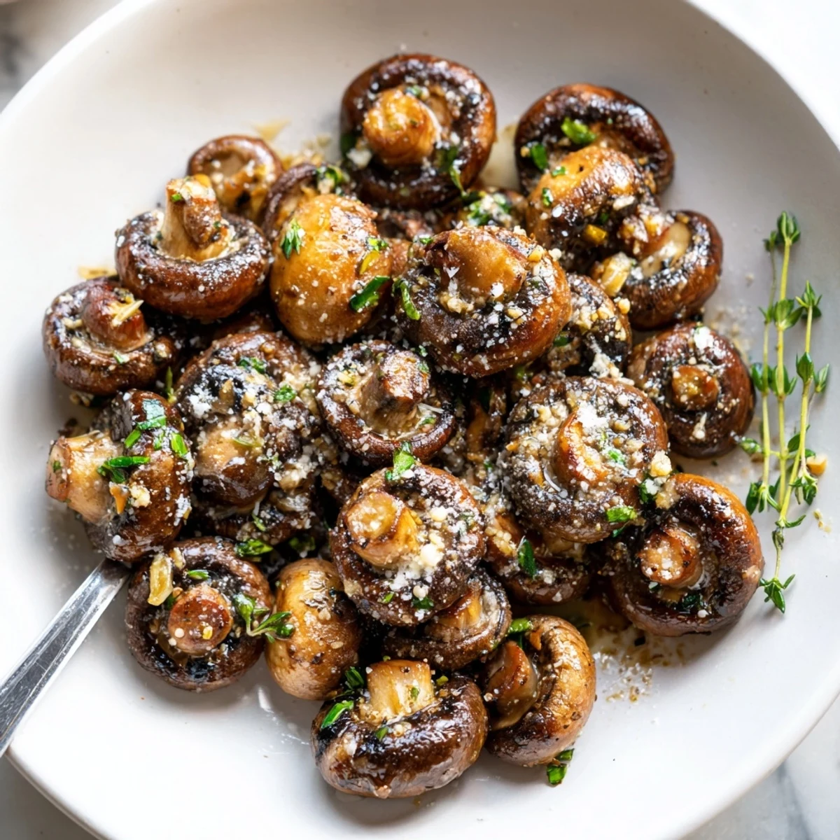 Golden sautéed grilled garlic mushrooms glistening with olive oil and fresh herbs