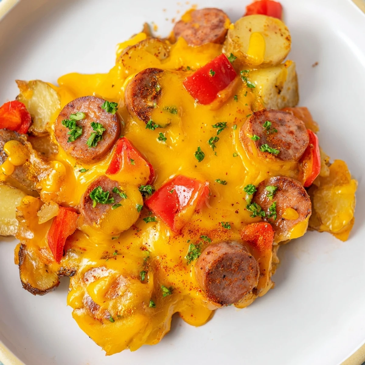 Smoky cheesy kielbasa skillet loaded with crisp bell peppers and gooey cheese