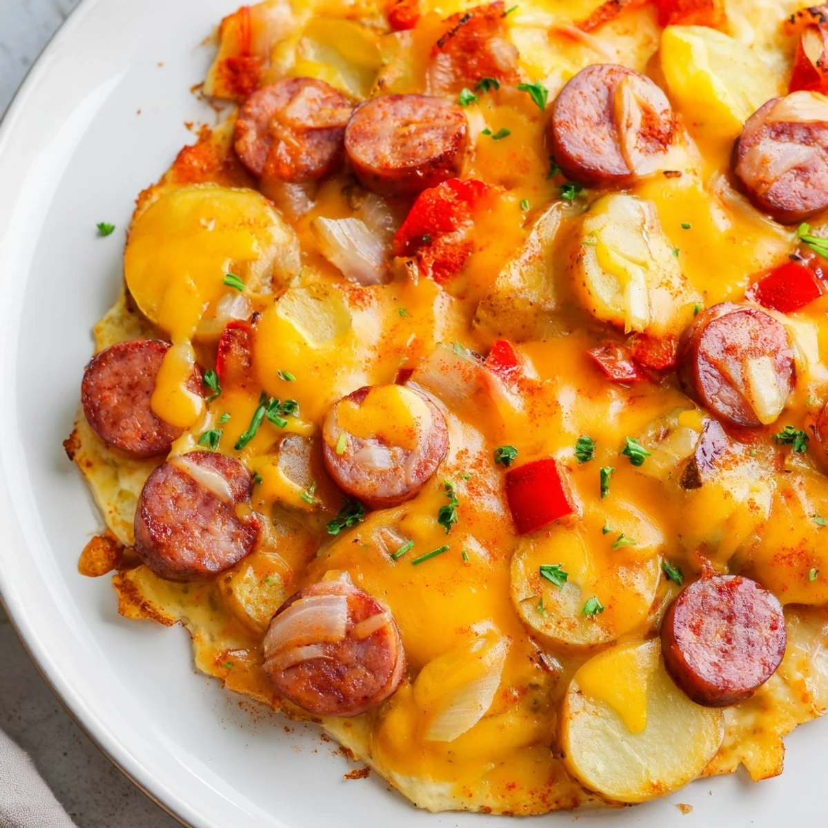 Golden cheesy kielbasa skillet with tender potatoes and melted cheddar bubbling hot