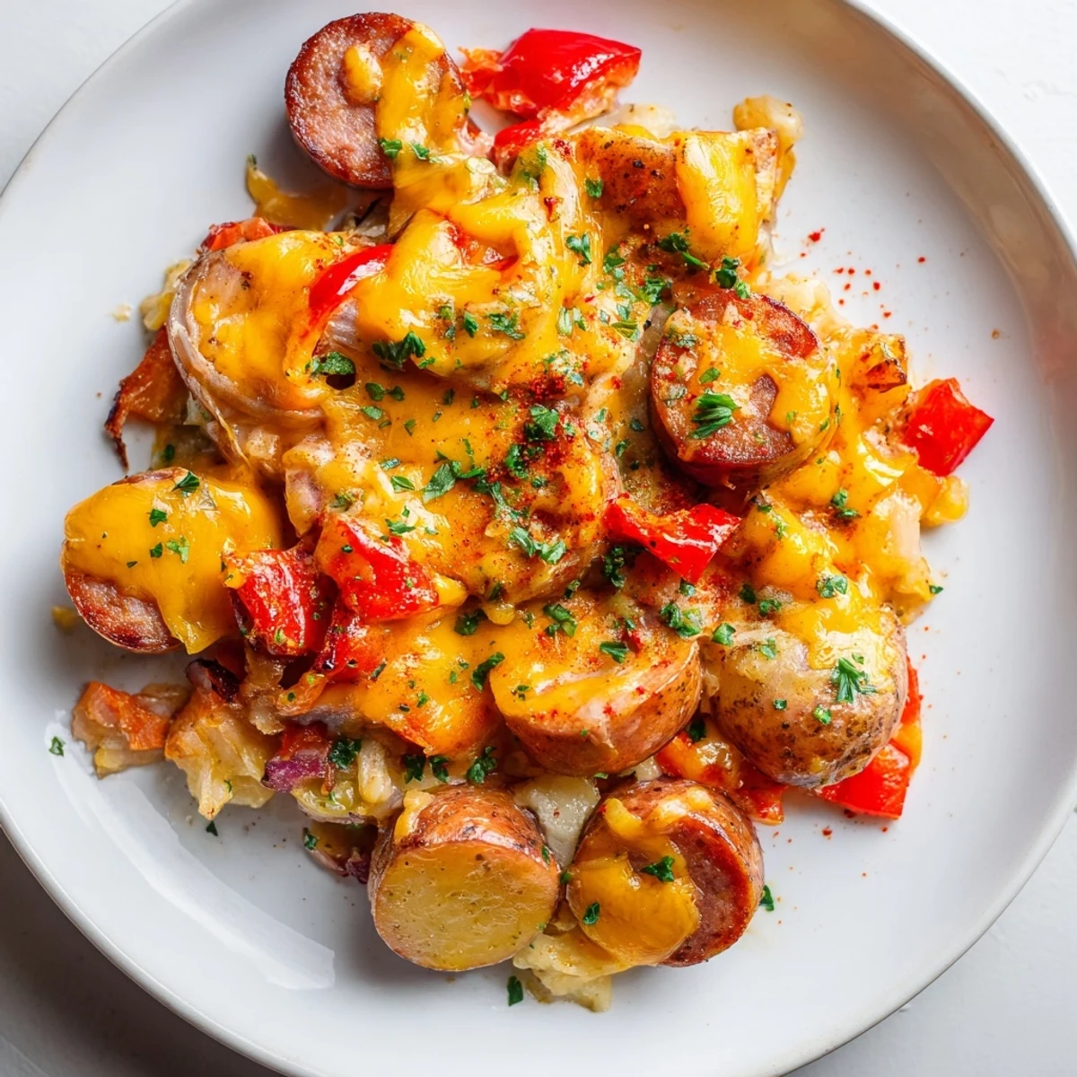Steaming cheesy kielbasa skillet garnished with fresh parsley in a cast iron pan
