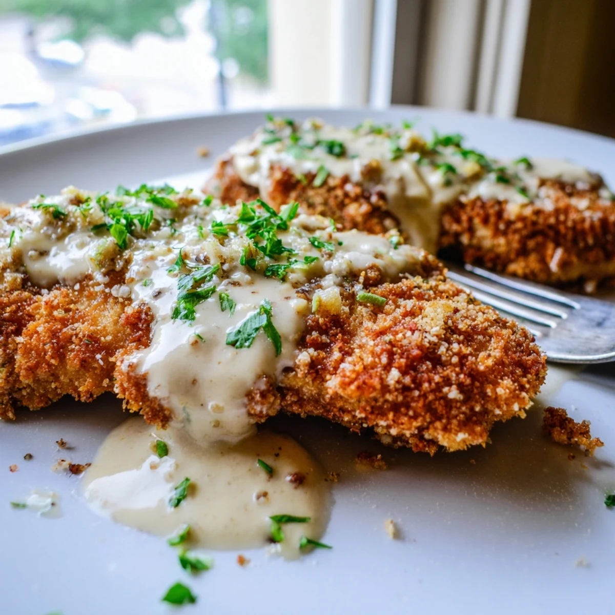 Golden crispy Parmesan chicken drizzled with velvety garlic cream sauce on a white plate