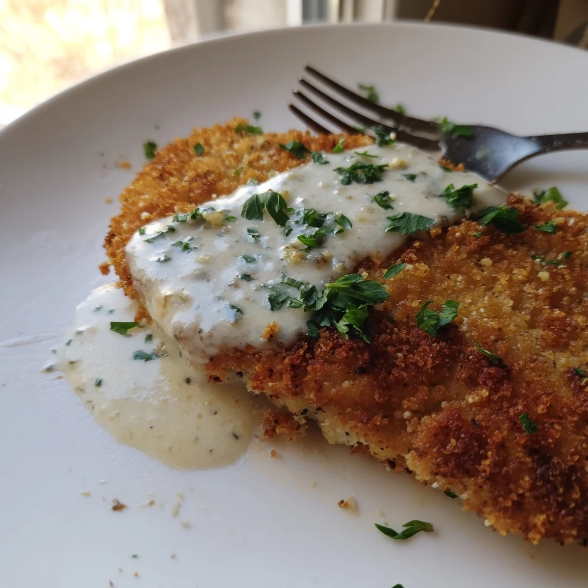 Crunchy Parmesan-crusted chicken breasts smothered in rich, creamy garlic sauce with fresh parsley