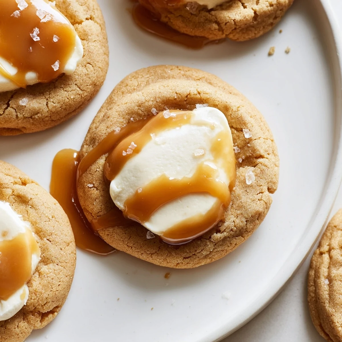 Creamy cheesecake-filled caramel cheesecake cookies cooling on a wire rack with caramel swirls